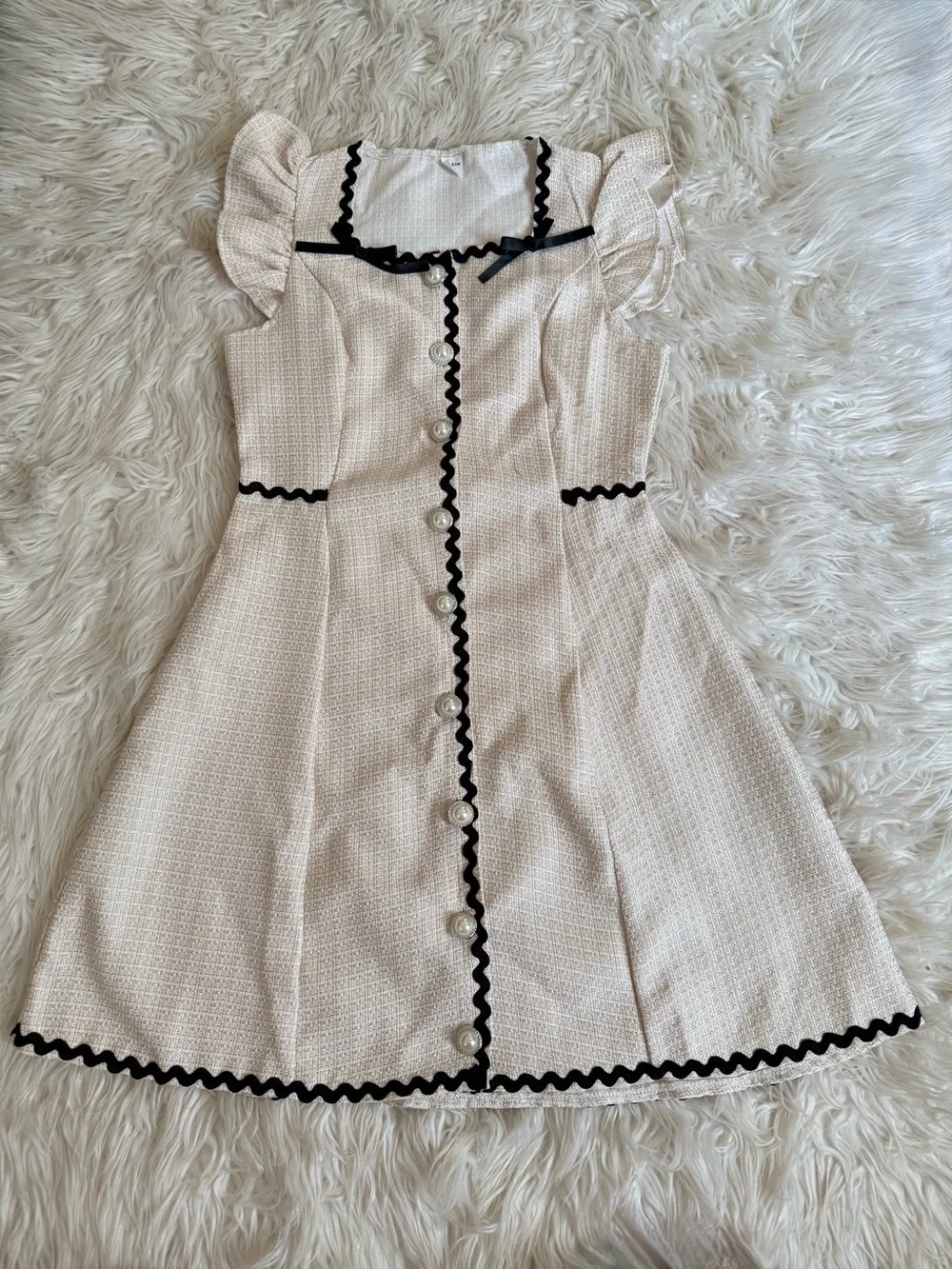 SHEIN Teen Tweed Pearl Button Ruffle Dress Size 13Y Cream Black